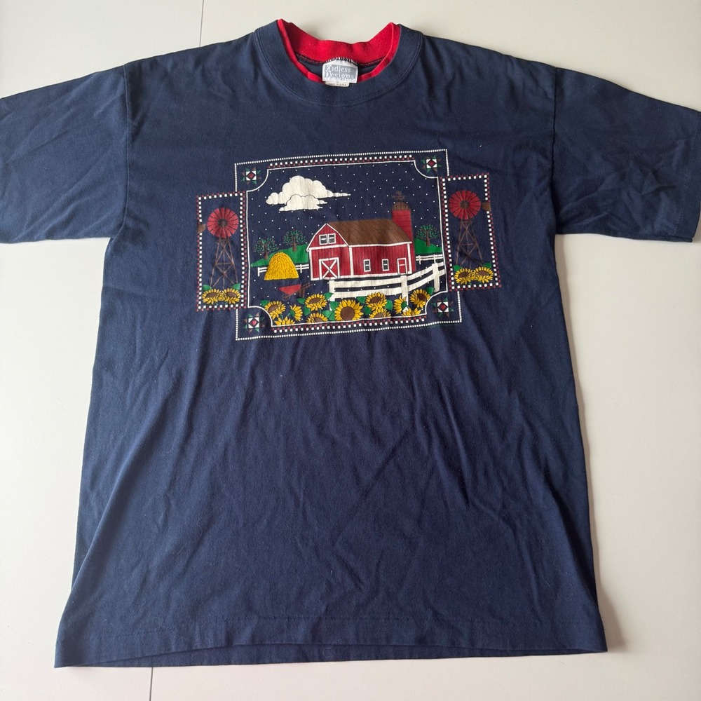Vintage Endless Designs Farm Cottage Grandma Core Collared T Shirt Navy Blue M